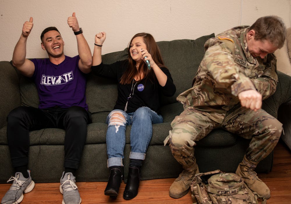 <p>(Left to right) Aiden Medellin, Student Government Association (SGA) president elect, Cassidy Mattingly, secretary elect, and David Sinclair, treasurer elect, react after hearing the results of Ball State's 2019 SGA election. Elevate will be inaugurated as the 2019-20 SGA executive slate 3:15 p.m. April 18 in Cardinal Hall B at the L.A. Pittenger Student Center. <strong>Rebecca Slezak, DN</strong></p>