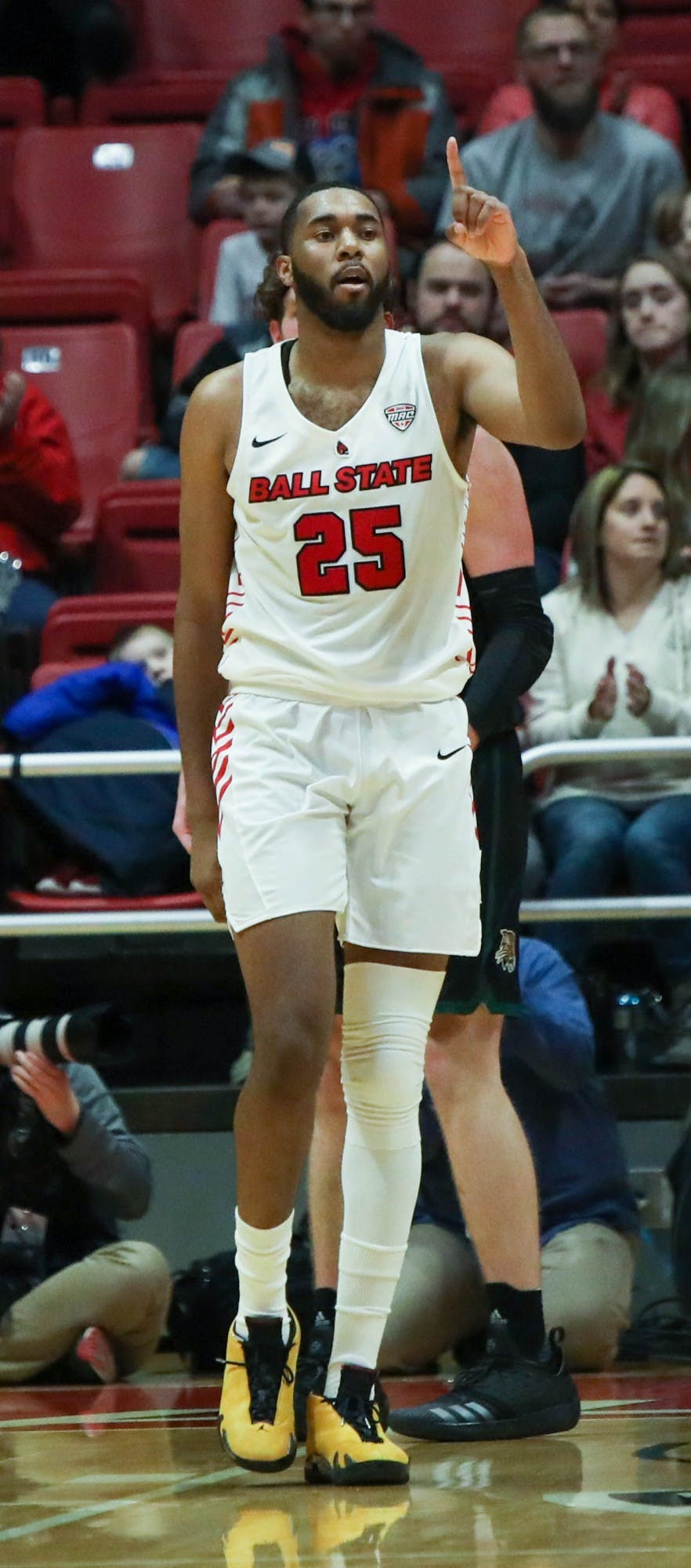 Redshirt senior forward Tahjai Teague signals another dunk Feb. 1, 2020, in the John E. Worthen Arena. Teague scored 24 points against the Bobcats. Joshua Smith, DN