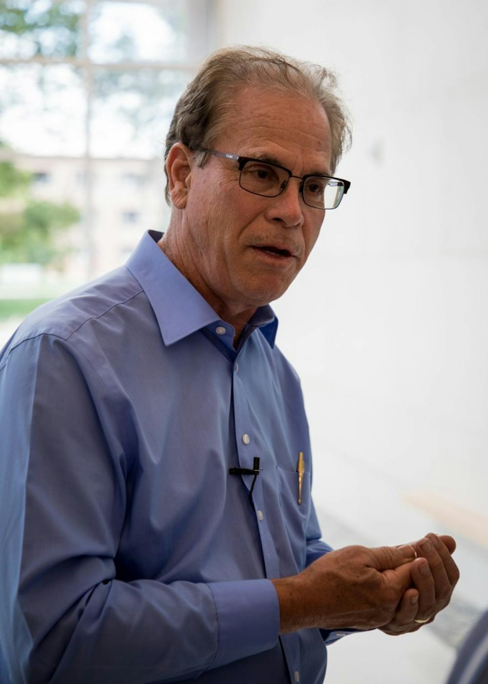 Sen. Mike Braun speaks Sept. 4, 2019, in the new Health Professions Building. One of the main topics Braun discussed with President Geoffrey Mearns was higher education costs. Eric Pritchett, DN