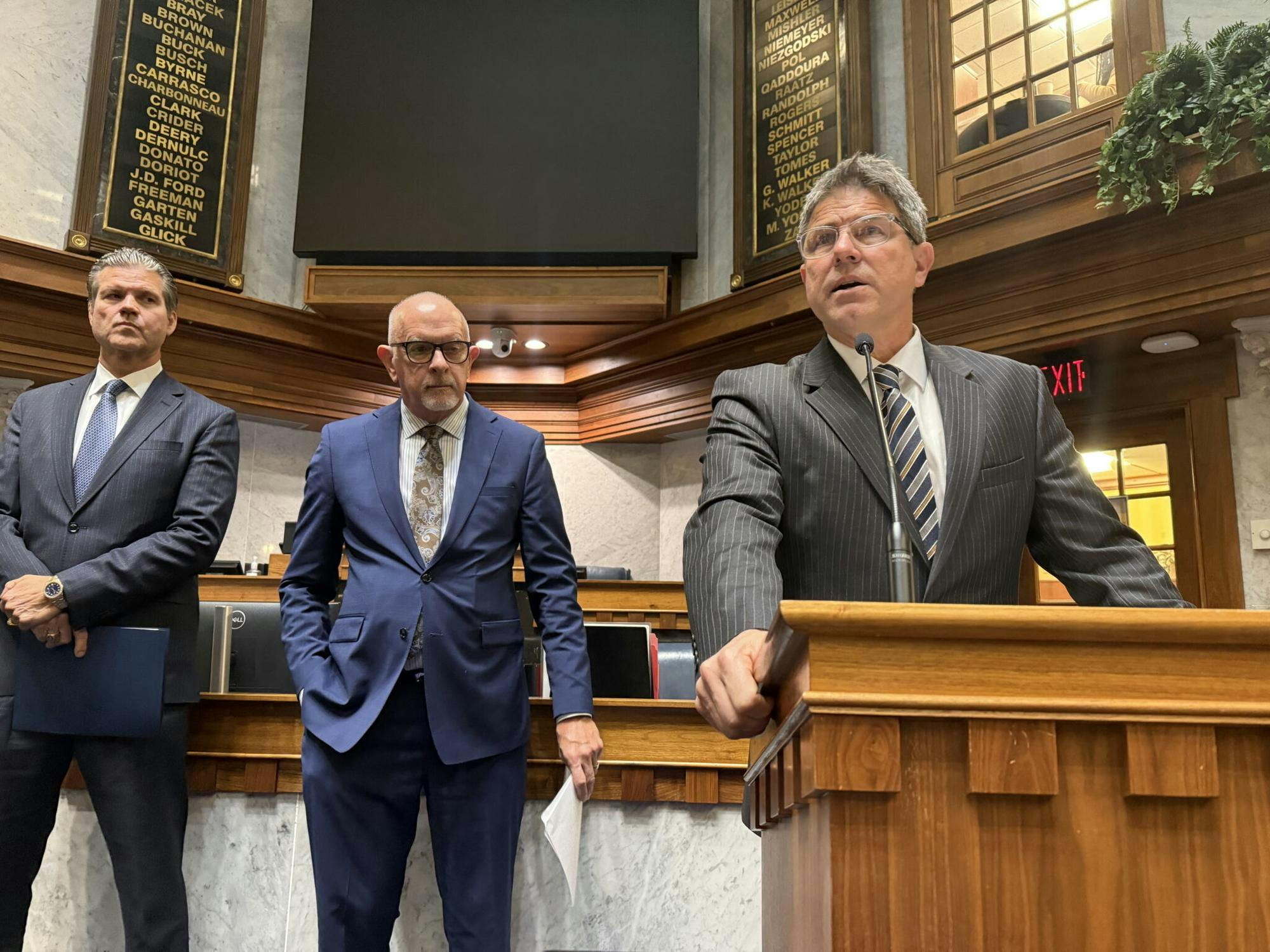 Senate President Pro Tem Rodric Bray, right, speaks during a January 2025 news conference with other Republican senators. (Casey Smith/Indiana Capital Chronicle)