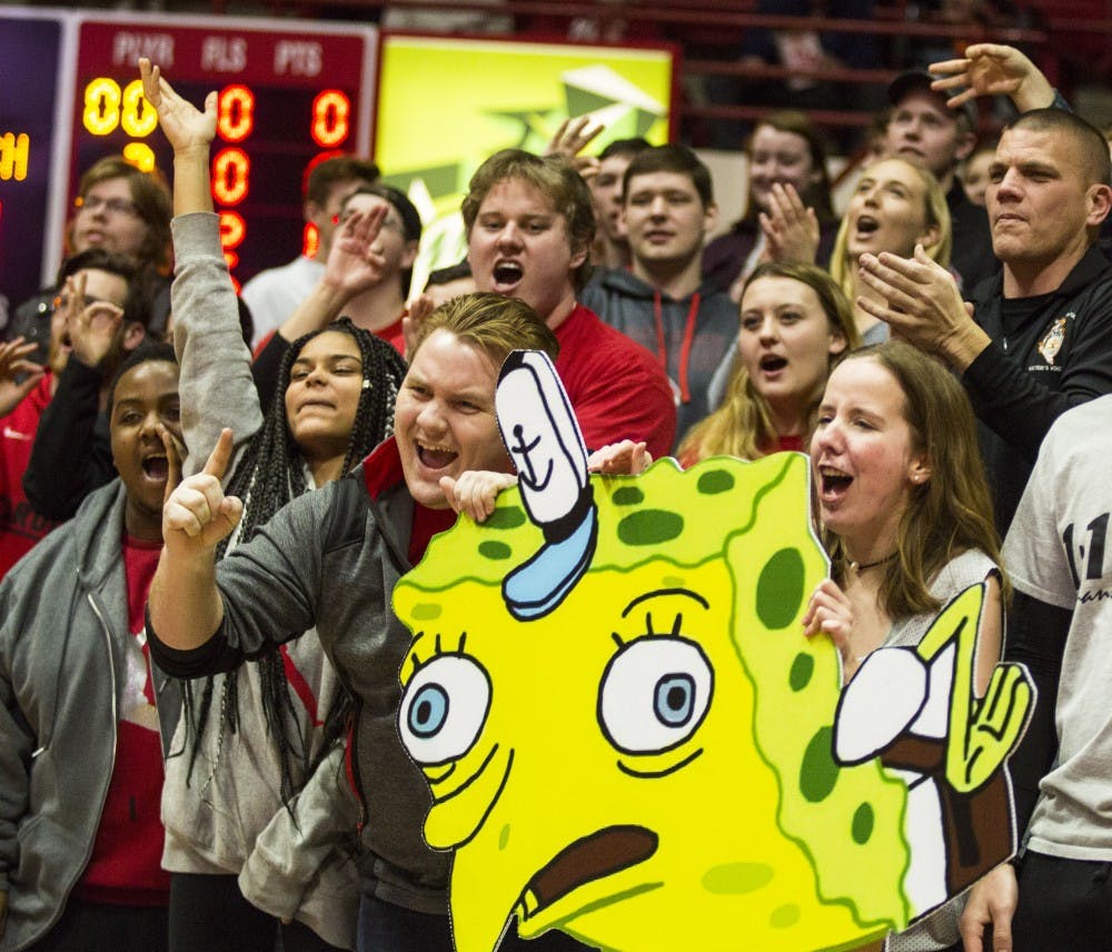 <p>Ball State students yell into the camera as the men's basketball team hosts Central Michigan, Jan. 16 at John E. Worthen Arena. Ball State defeated Central Michigan, 76-82. <strong>Grace Hollars, DN File</strong></p>