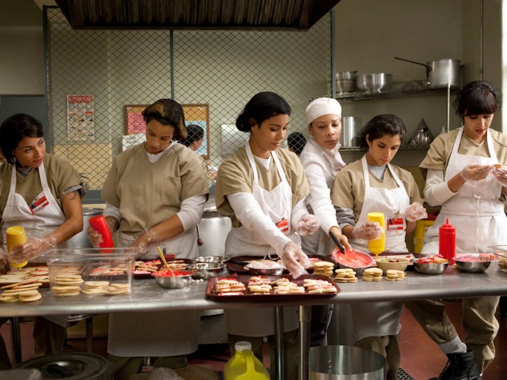 (L-R) Elizabeth Rodriguez, Dascha Polanco, Jessica Pimentel, Selenis Leyva, Diane Guerrero and Jackie Cruz in a scene from Netflix