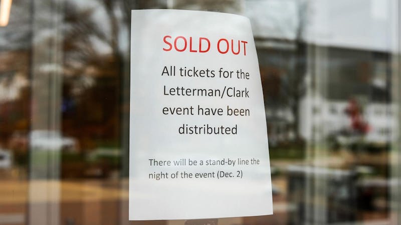 A sign posted outside of Emens Auditorium Nov. 18 confirms tickets are sold out for the ‘A Conversation with David Letterman and Caitlin Clark’ event. The event will take place on Dec. 2 at 7 p.m. Andrew Berger, DN