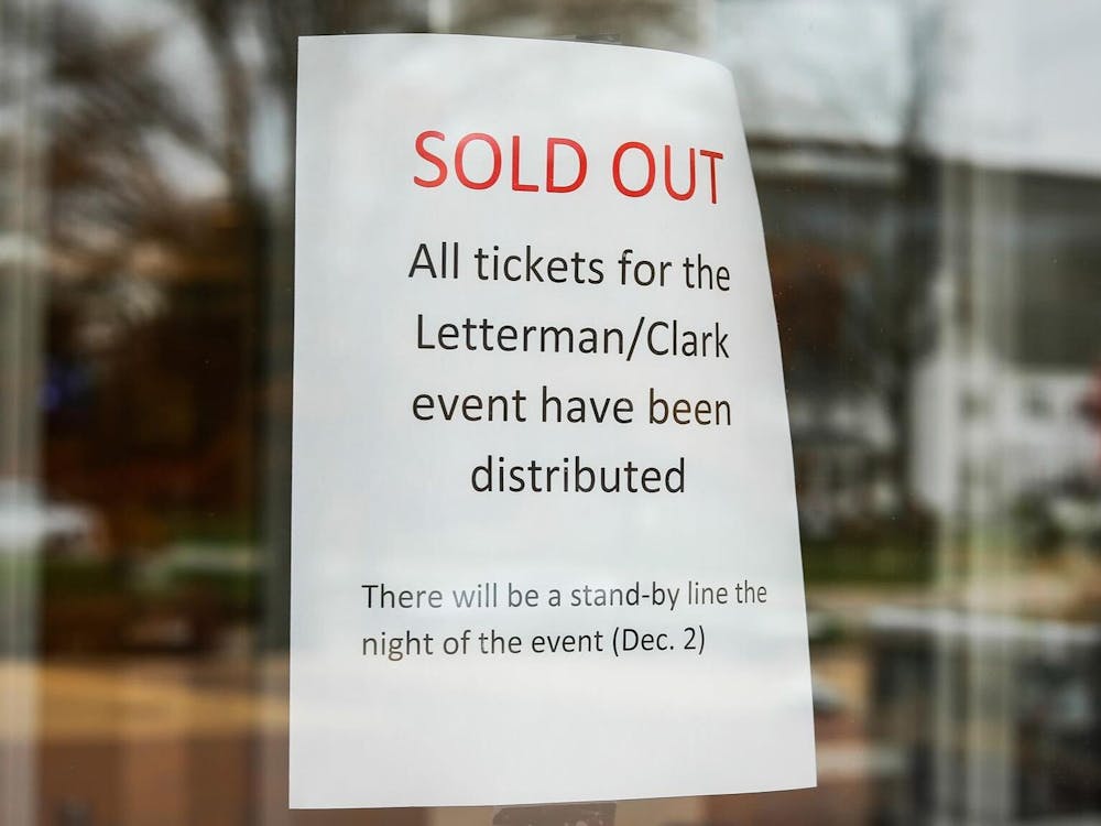 A sign posted outside of Emens Auditorium Nov. 18 confirms tickets are sold out for the ‘A Conversation with David Letterman and Caitlin Clark’ event. The event will take place on Dec. 2 at 7 p.m. Andrew Berger, DN