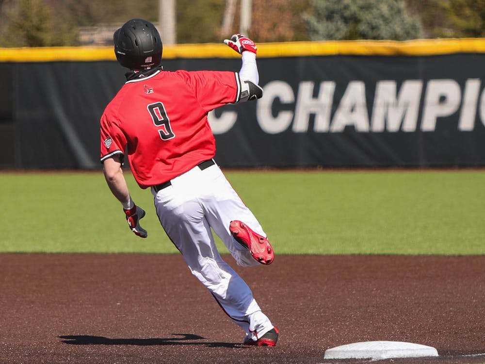 Junior outfielder Nick Powell runs to first base March 20, 2021, at First Merchants Ballpark. The Cardinals won their second game of the day 3-2 against Western Michigan. Jaden Whiteman, DN