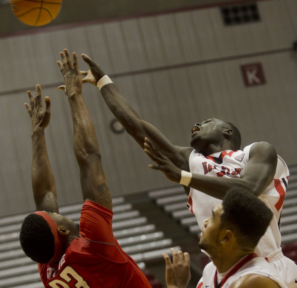 Ball State senior center Majok Majok finishes a hook shot against Southeast Missouri on Nov. 18 at Worthen Arena. The Cardinals led at half 40-35. DN PHOTO MARCEY BURTON