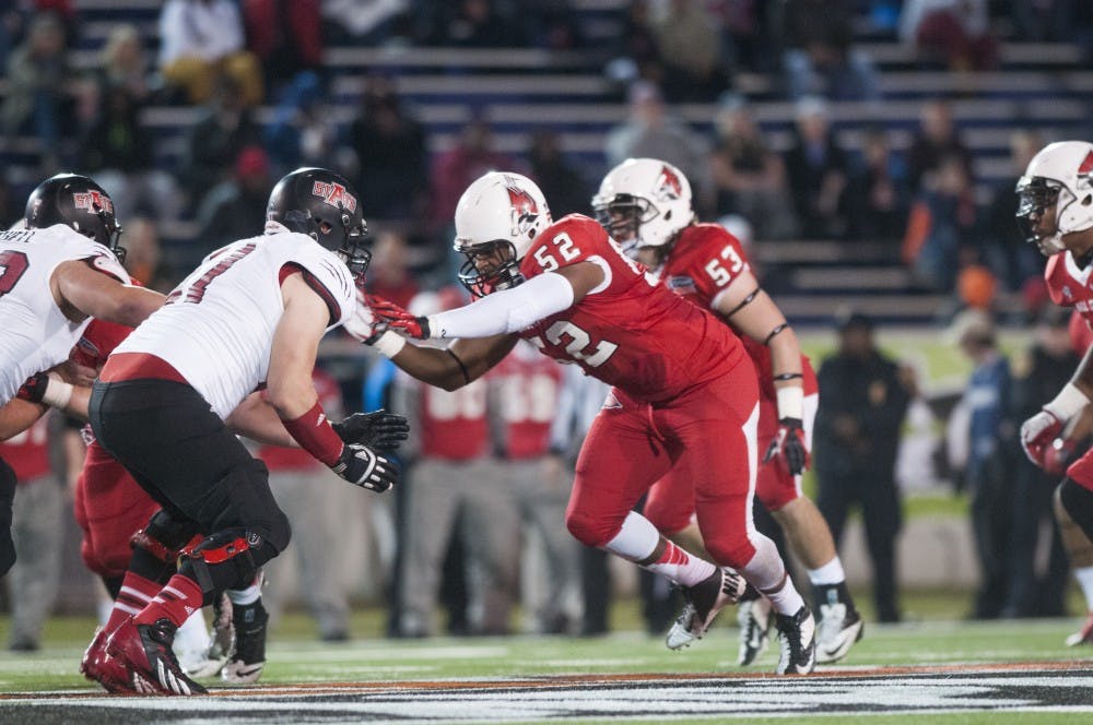 Senior defensive end Nick Miles attempts to stop a player during the GoDaddy Bowl against Arkansas State on Jan. 5 at Ladd-Peebles Stadium. Miles is the only returning starter from last season