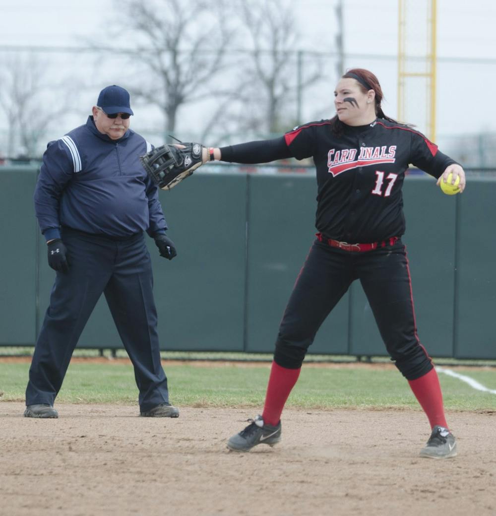Senior Taylor Rager gets ready to throw the ball April 6 at the Ball State Softball Complex. DN PHOTO BREANNA DAUGHERTY
