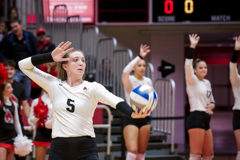 Freshman middle blocker, Marie Plitt (5), sets up to serve during the third match against Miami Redhawks on October 25, 2019, at John E. Worthen Arena. Miami defeated the Cardinals 3-0. Omari Smith, DN