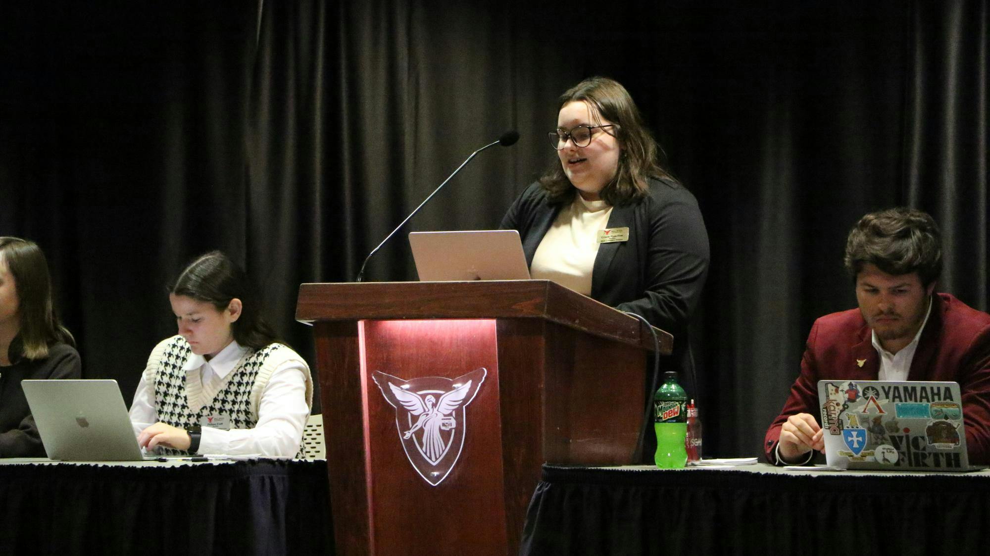 Gracie Hamilton, a third-year political science and legal studies dual major at Ball State, presents what she will do as President Pro Tempore if elected during Ball State's Student Government Association meeting March 18 inside the university's L.A. Pittenger Student Center in Cardinal Hall B. Landon Jones, DN