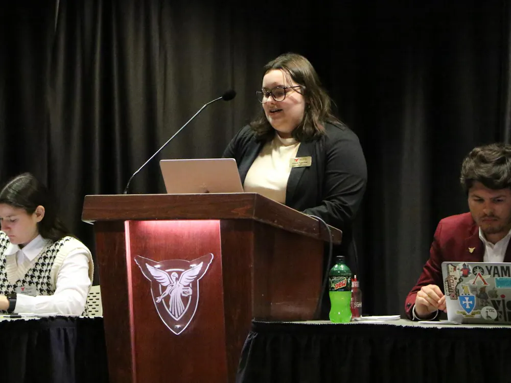 Gracie Hamilton, a third-year political science and legal studies dual major at Ball State, presents what she will do as President Pro Tempore if elected during Ball State's Student Government Association meeting March 18 inside the university's L.A. Pittenger Student Center in Cardinal Hall B. Landon Jones, DN