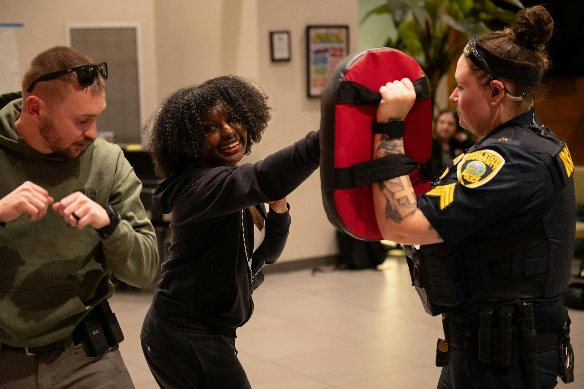 Ball State Residence Hall Botsford/Swinford hosts Self-Defense Night with UPD Sergeants Sami Cooper and Brock Bevans from 6:30-8:00 p.m. Feb. 18 in the Botsford/Swinford Hall Lobby. Self-Defense Night provided students with safety resources, self-defense tips, and free food for all attendees.