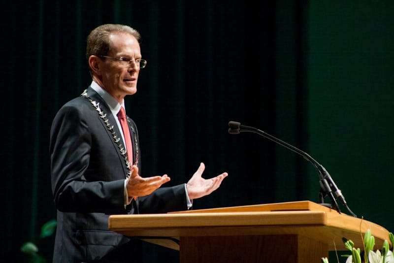 Ball State President Geoffrey Mearns gives a speech on Sept. 8 at the Installation of Geoffrey S. Mearns in John R. Emens Auditorium. Mearns is the 17th President of Ball State University. Kaiti Sullivan, DN