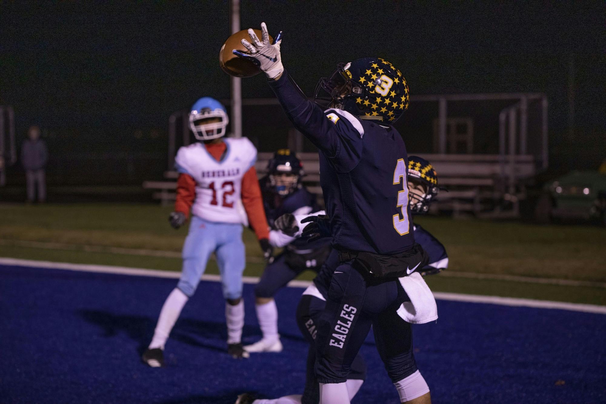 Eagles&#x27; senior wide receiver and cornerback Cody Howard catches the ball vs. Wayne Oct. 30, 2020 in sectional action at Delta High School. The Eagles defeated the Generals 49-18. Connor Smith, DN. 