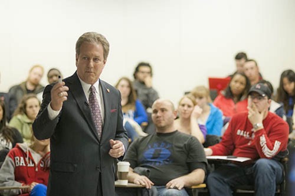 CEO Jeffrey Fetters addresses students in the Whitinger Business Building on April 24. Fetters discussed the opportunities afforded to him by his Ball State education that got him the where he was. DN PHOTO JONATHAN MIKSANEK 