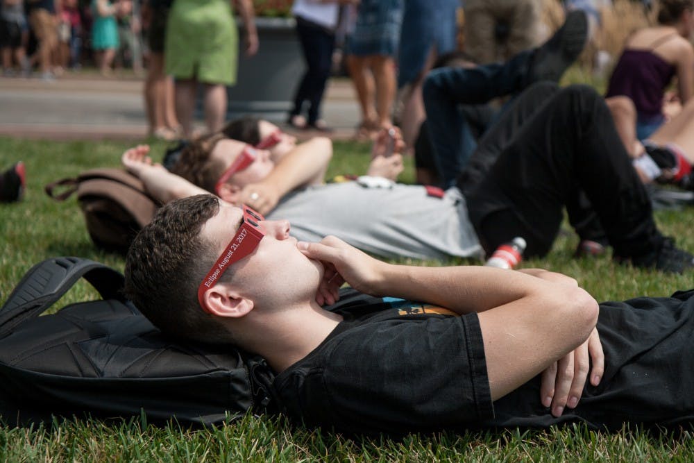 The Solar Eclipse took place on Aug. 21 at 2:25pm.  Students and community members gathered on the University Green for the Eclipse Viewing Party from 2pm to 3pm.  The moon covered 93 percent of the Sun.