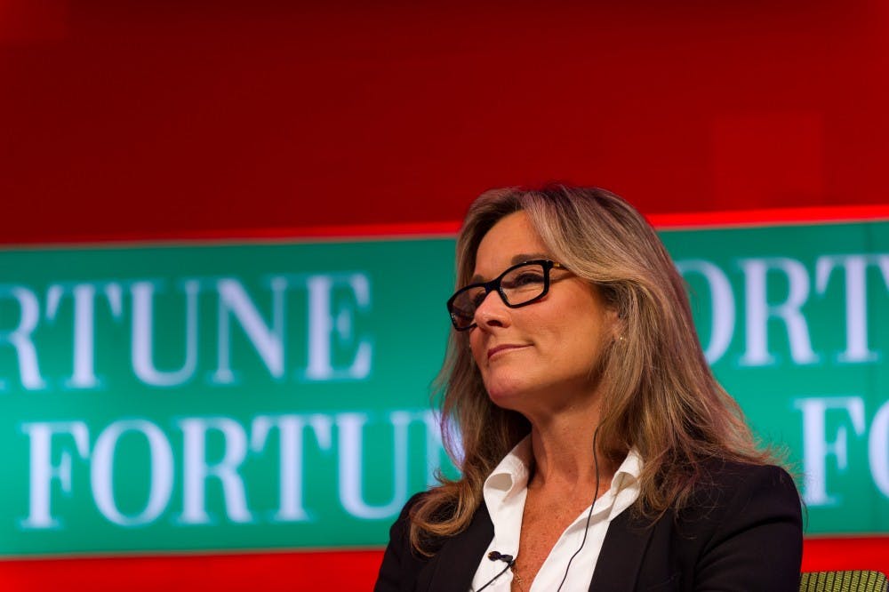 <p>Angela Ahrendts participates as a panelist at the Fortune Global Forum June 2013 in Chengdu, China. Ahrendts, who joined Apple as senior vice president of Retail in 2014, will be departing the company April 2019 for new personal and professional reasons. <strong>Stefen Chow/Fortune Global Forum, Photo Courtesy</strong></p>