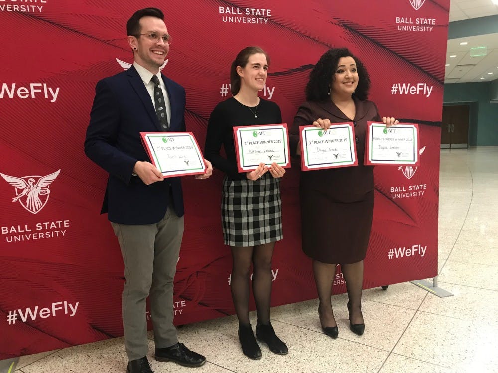 <p>(Left) Byron Long, Kirsten Vacura and Dayna Arnett competed in the Graduate School’s inaugural Three Minute Thesis competition. Vacura finished first, winning $1,000 for her thesis about how anglers contribute to the spread of invasive aquatic species.&nbsp;<strong>Hannah Gunnell, DN</strong></p>