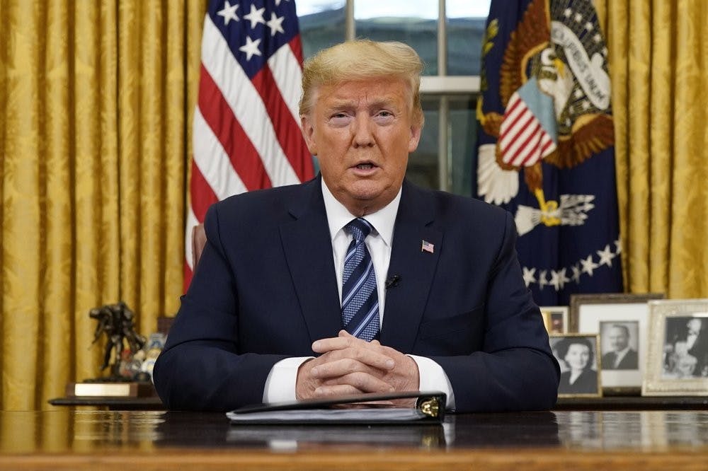 <p>President Donald Trump speaks in an address to the nation from the Oval Office at the White House about the coronavirus Wednesday, March, 11, 2020, in Washington. <strong>(Doug Mills/The New York Times via AP, Pool)</strong></p>
