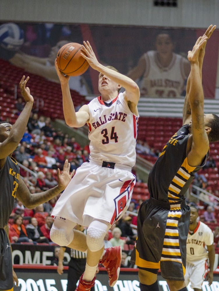 Freshman forward Sean Sellers goes up for a shot during the game against Kent State on Jan. 24 at Worthen Arena. DN PHOTO BREANNA DAUGHERTY