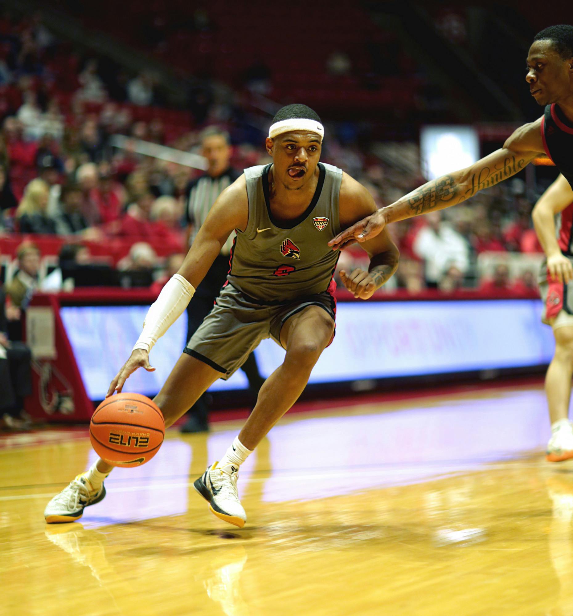 Redshirt Junior guard Jarron Coleman travels down the court in a game against the Northen Illinois Huskies on Feb. 14 at Worthen Arena. Ball State won with a score of 87-77. Katelyn Howell, DN