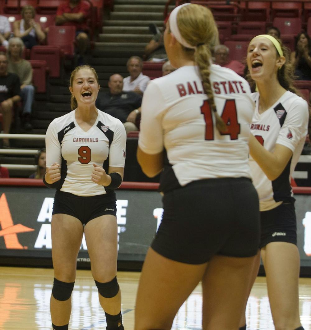 Redshirt freshman outside hitter Sabrina Mangapora celebrates after a play in the match against Western Illinois on Aug. 29 at Worthen Arena. DN PHOTO BREANNA DAUGHERTY