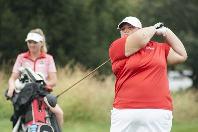 Senior Morgan Nadaline tees off at hole nine during the Cardinal Classic on Sept. 19 at Players Club Woodland Trails. Nadaline sat at five over par both days of the tournament. Kaiti Sullivan, DN File