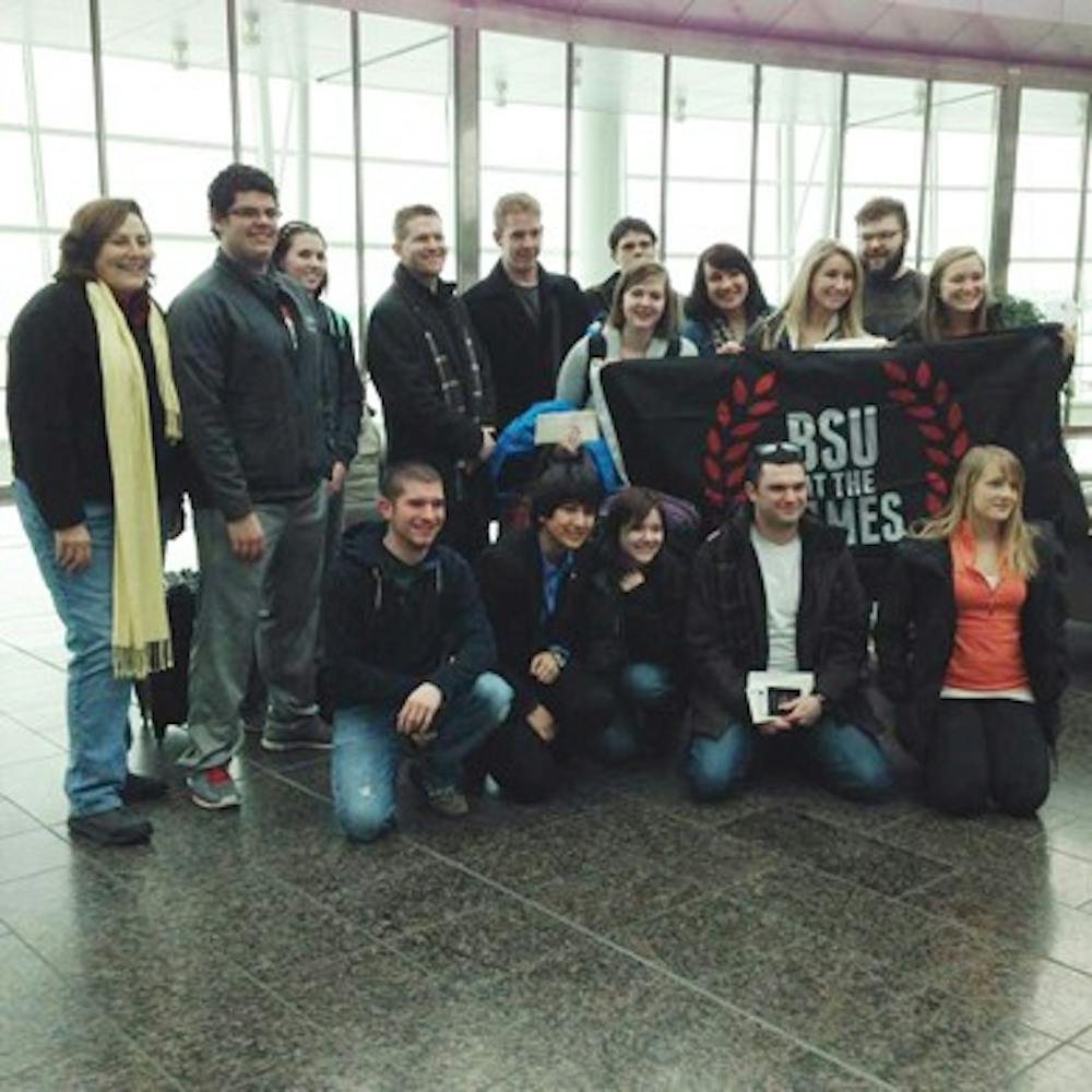 Students pose at the Indianapolis International Airport before boarding a plane Feb. 4 to Sochi, Russia. The students left a day early because of the winter storm. PHOTO PROVIDED BY BSU AT THE GAMES