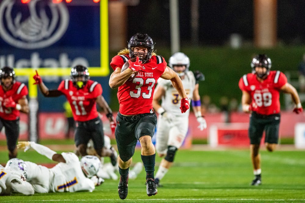 Ball State University running back, Carson Steele, has his eyes set on the endzone looking for his first touchdown as a Cardinal in a game against Western Illinois on September 2nd, 2021 at Scheumann Stadium. Kyle Atkisson, DN