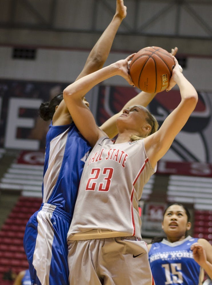 Junior guard Brittany Carter attempts to shoot the ball against Buffalo Jan. 26 at Worthen Arena. DN PHOTO BREANNA DAUGHERTY