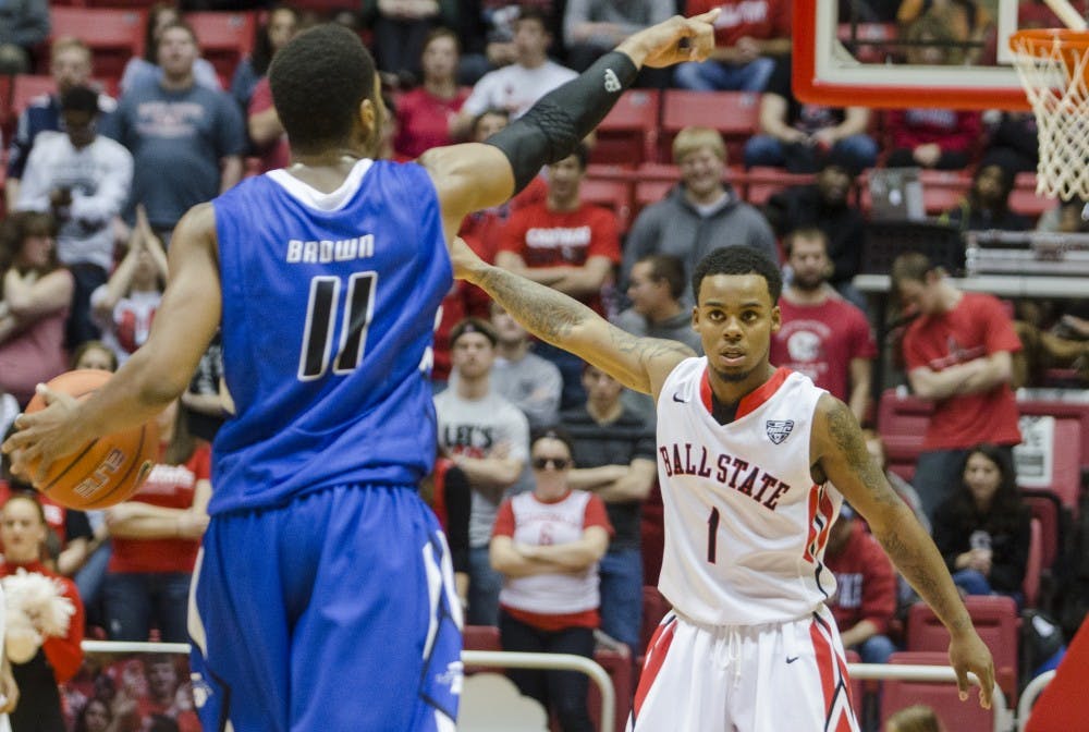 Sophomore guard Zavier Turner prepares to try and block a player during the game against Indiana State on Dec. 6 at Worthen Arena. DN PHOTO BREANNA DAUGHERTY