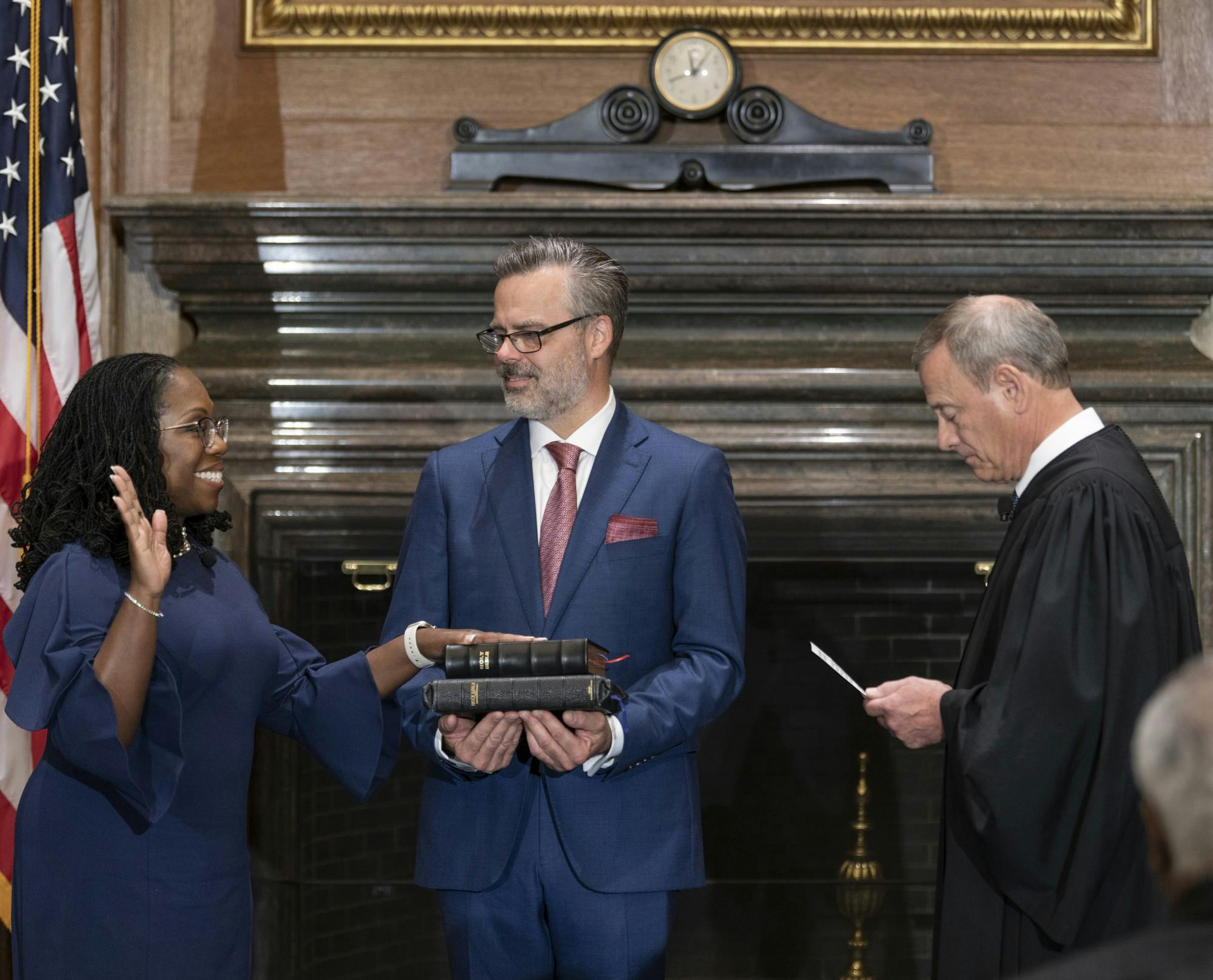 In a handout image provided by the U.S. Supreme Court, Chief Justice John G. Roberts, Jr., right, administers the Constitutional Oath to Judge Ketanji Brown Jackson, left, in the West Conference Room of the Supreme Court on Thursday, June 30, 2022, in Washington, D.C. Jackson was sworn in as the newest Supreme Court Justice, replacing the now-retired Justice Stephen G. Breyer. (Fred Schilling/Collection of the Supreme Court of the United States/Getty Images/TNS)