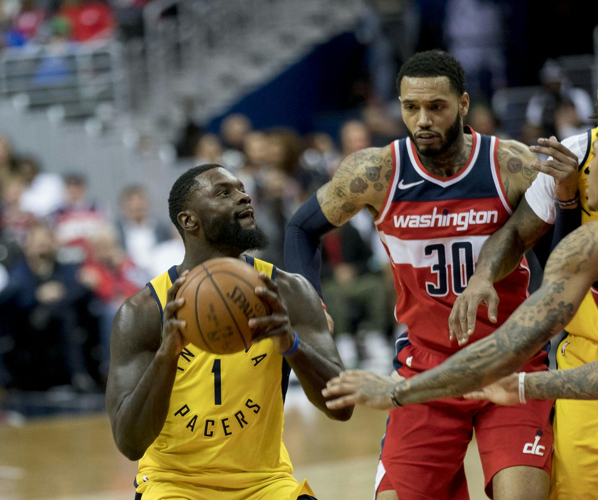 Indiana Pacers guard Lance Stephenson prepares to shoot agasint the Washington Wizards March 17, 2018. Stephenson returned to the Pacers Jan. 1 after signing a 10-Day COVID-19 hardship deal. Photo Credit: Keith Allison, KeithAllisonPhoto