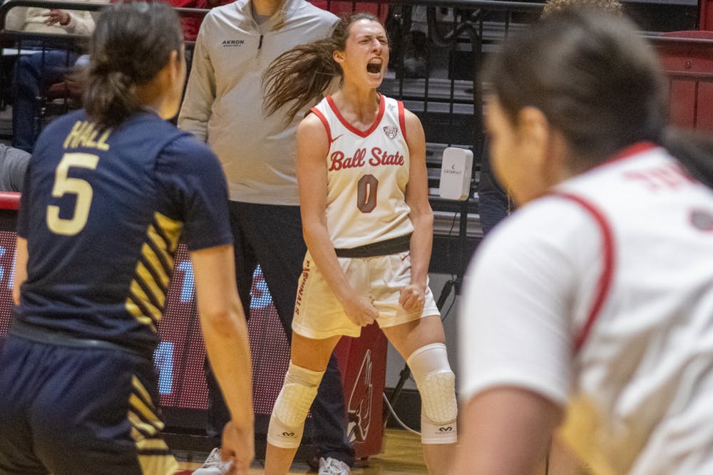 Senior Ally Becki celebrates against Akron Jan. 18th at Worthen Arena. Becki had 6 assist in the game. Jayce Blane, DN