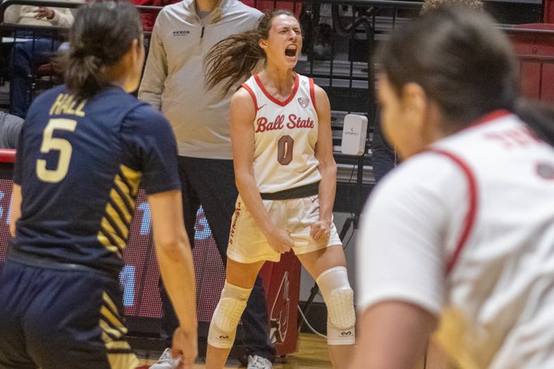 Senior Ally Becki celebrates against Akron Jan. 18th at Worthen Arena. Becki had 6 assist in the game. Jayce Blane, DN