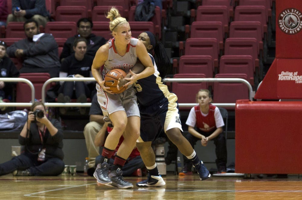 Senior forward Katie Murphy tries to keep the ball away from a Pittsburgh player on Nov. 14 at Worthen Arena. DN PHOTO BREANNA DAUGHERTY 