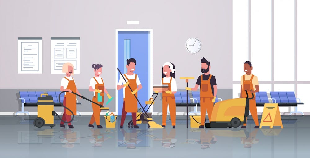 janitors team cleaning service concept male female cleaners in uniform working together with professional equipment modern corridor interior flat full length horizontal vector illustration