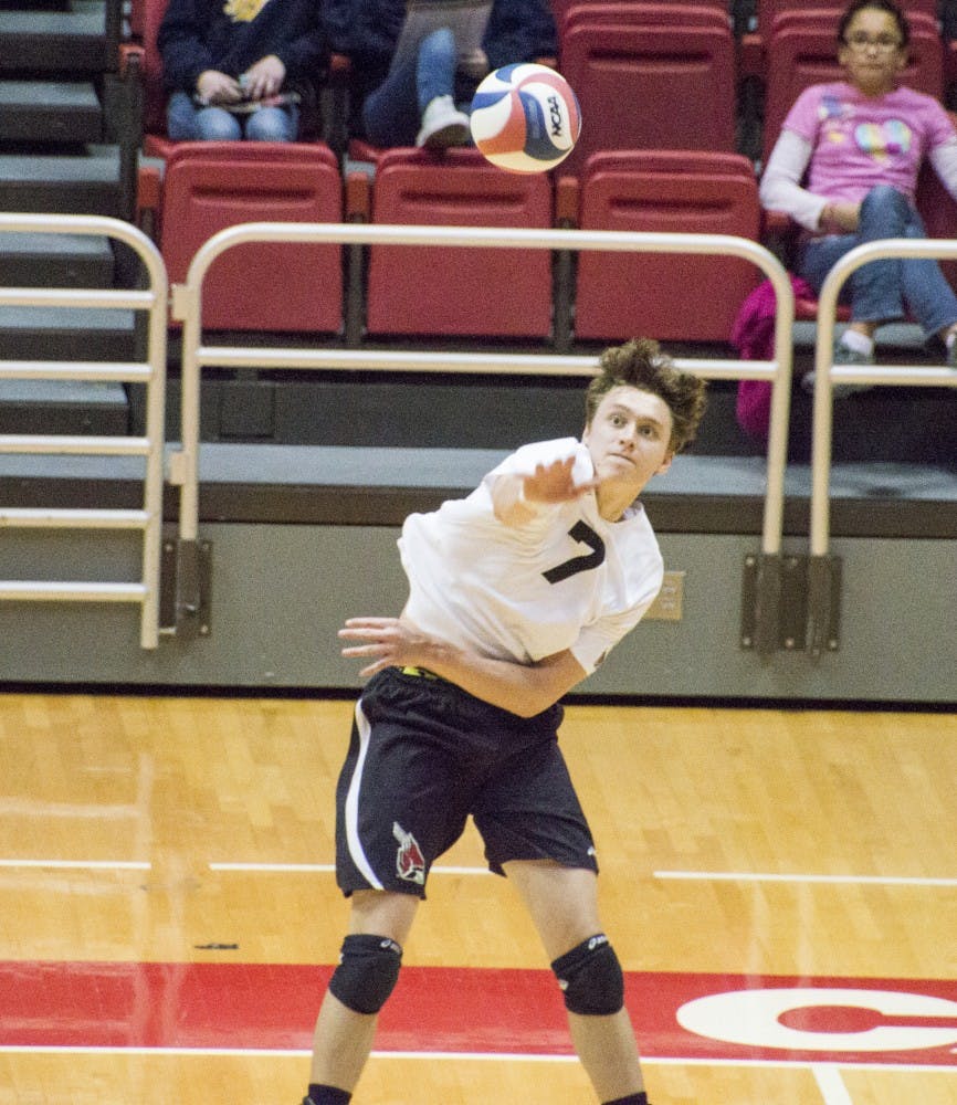 Senior outside attacker Shane Witmer serves the ball during the game against Grand Canyon on March 13 at Worthen Arena. DN PHOTO ALAINA JAYE HALSEY