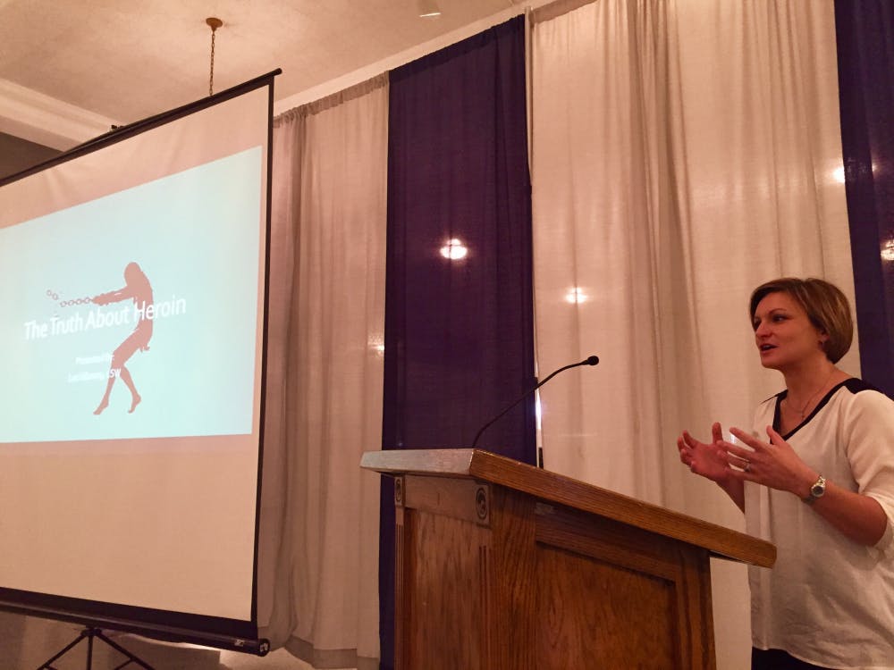<p>Laci Giboney aimed to educate the community about heroin use among students in Eastern Indiana counties. Giboney did heroin for the first time at the age of 20, and is now a therapist with mental health provided agency, Unified Solutions. <em>DN PHOTO JENNA LISTON</em></p>