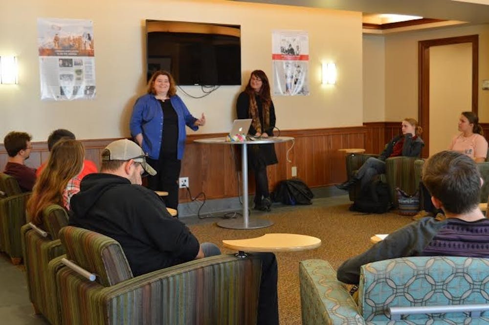 <p>Nicola Schmerbeck (left) and Elizabeth Schreiber-Byers, both German professors, spoke about their experiences with the German reunification when they were younger. Schmerbeck was living in Germany at the time and Schreiber-Byers was in the U.S. DN PHOTO ALLIE KIRKMAN</p>