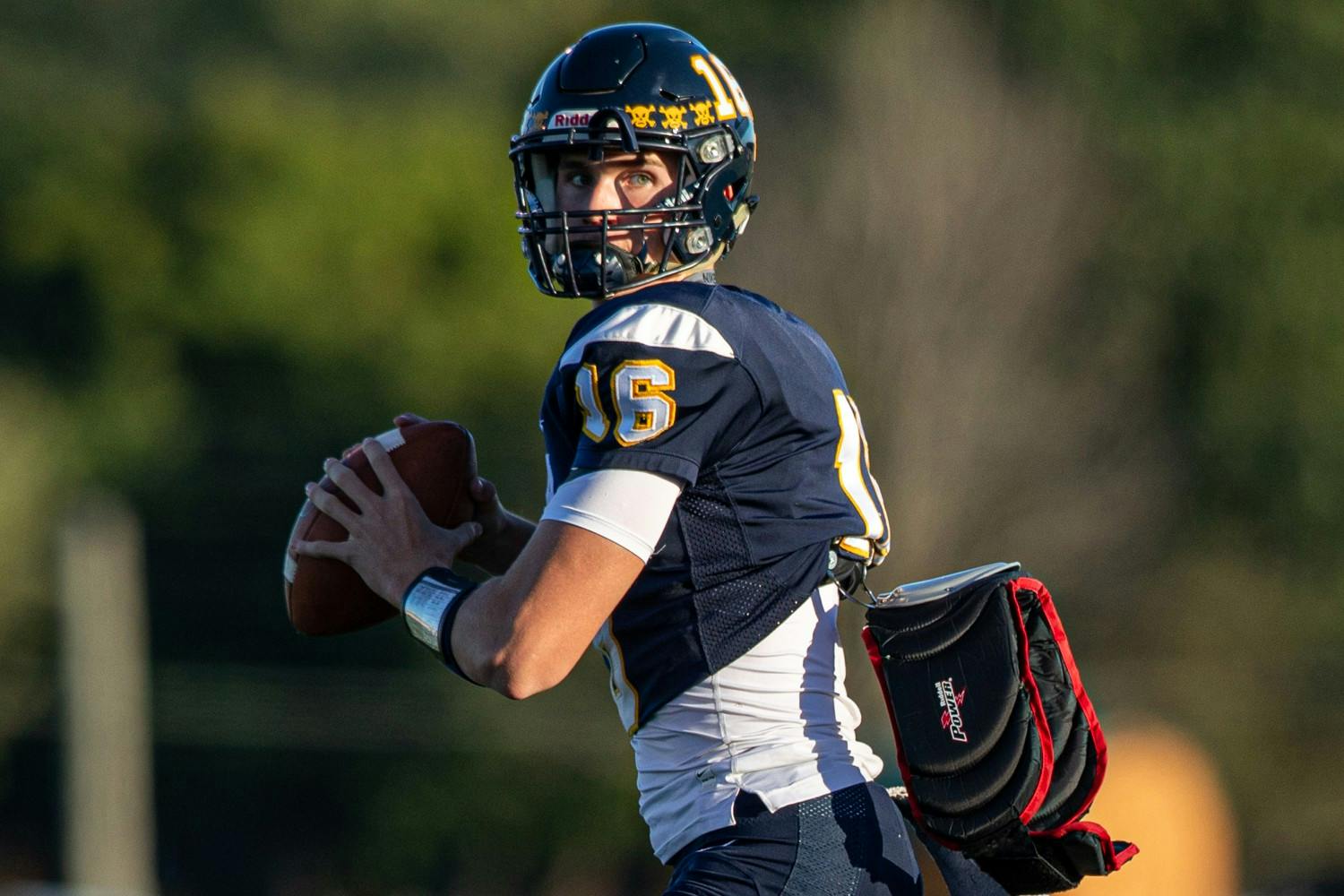 Delta senior quarterback Brady Hunt practices throws during pregame Sept. 18, 2020, at Delta High School. The Eagles lost to the Mt. Vernon Marauders 35-0. Jacob Musselman, DN