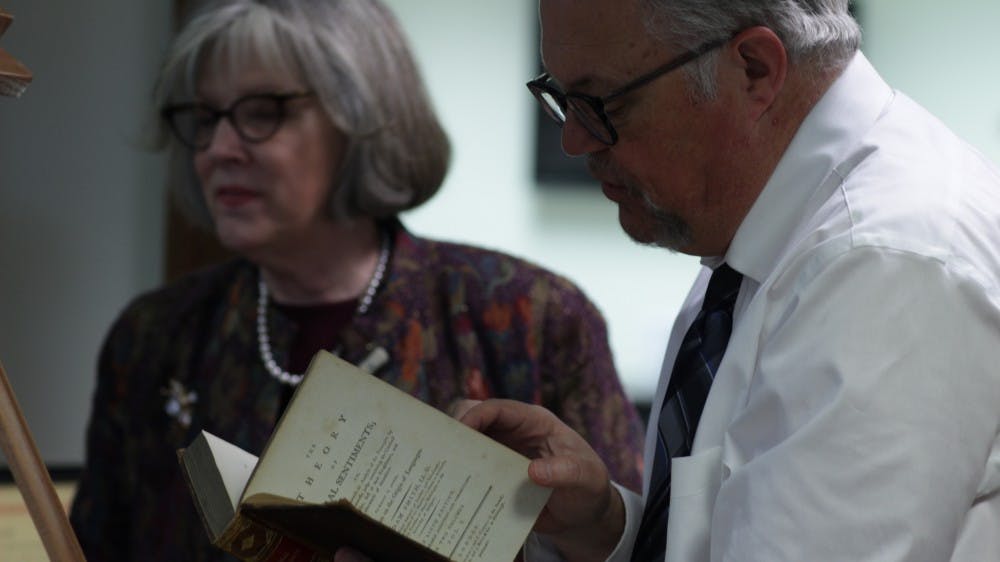 Cecil Bohanon examines "The Theory of Moral Sentiments" by Adam Smith Jan 23. The book is a first edition copy and is part of the Remnant Trust collection, which is currently &nbsp;on exhibit at the E.B. Ball Center. Ryan Shank, DN
