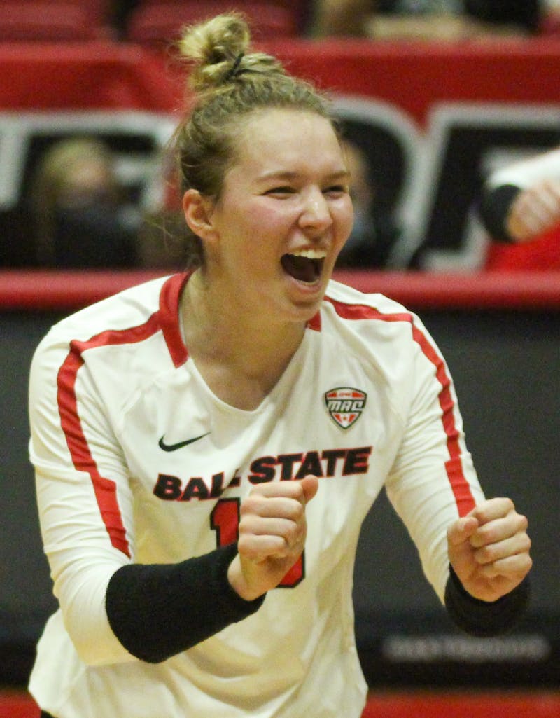 Freshman setter Megan Wielonski cheers for her teammate against Northern Kentucky at Worthen Arena Sept. 18. Wielonski comes from Cincinnati, Ohio, were she has played club and high school volleyball. Jacy Bradley, DN