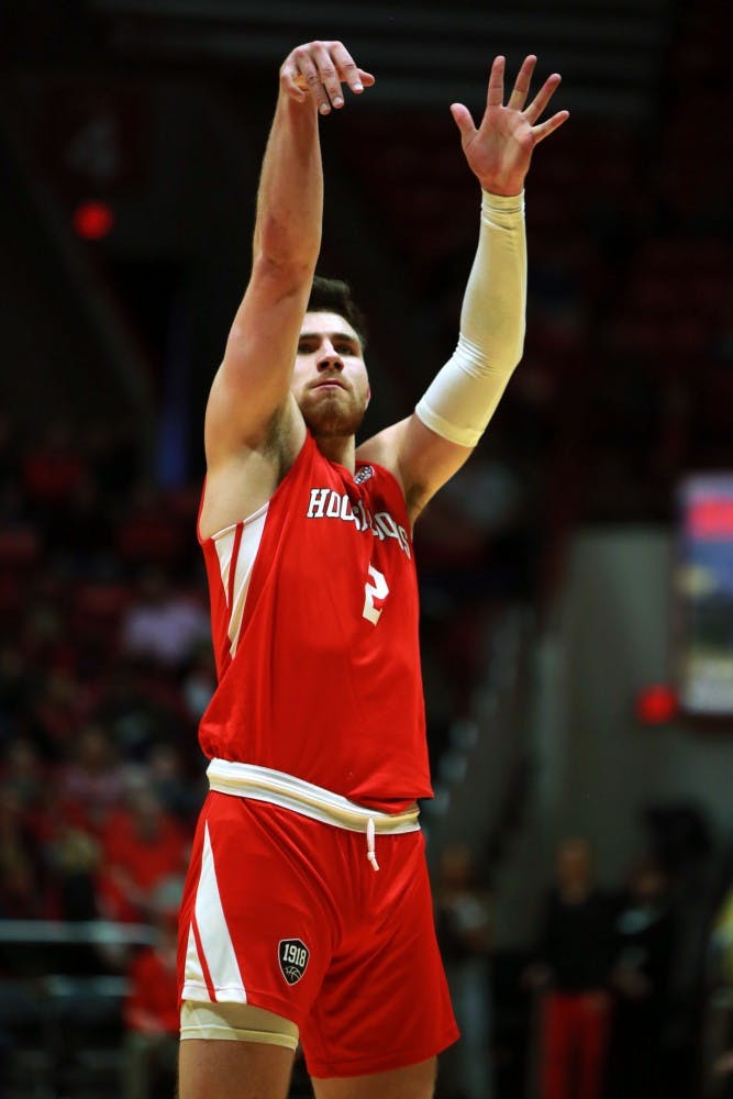Redshirt senior Tayler Persons takes a shot at John E. Worthen Arena Feb. 23, 2019. Persons had 11 points in the game. Jacob Haberstroh,DN.