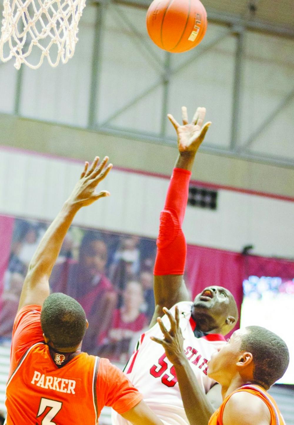 Senior center Majok Majok reaches for the ball during ag ams against Bowling Green in the second half Feb. 15 at Worthen Arena. DN PHOTO BREANNA DAUGHERTY 