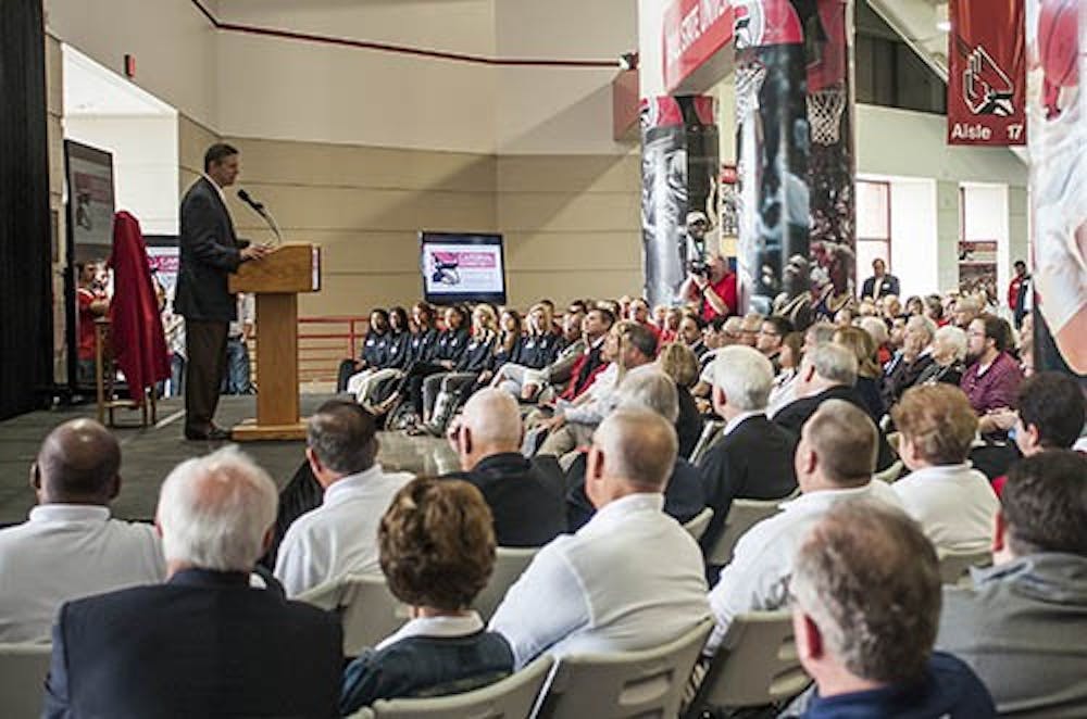 Athletic director Bill Scholl discusses the new athletic facility improvements during a press conference on April 20. Ball State officially announced a $20 million initiative to both improve current athletic facilities and build new ones. DN PHOTO JONATHAN MIKSANEK