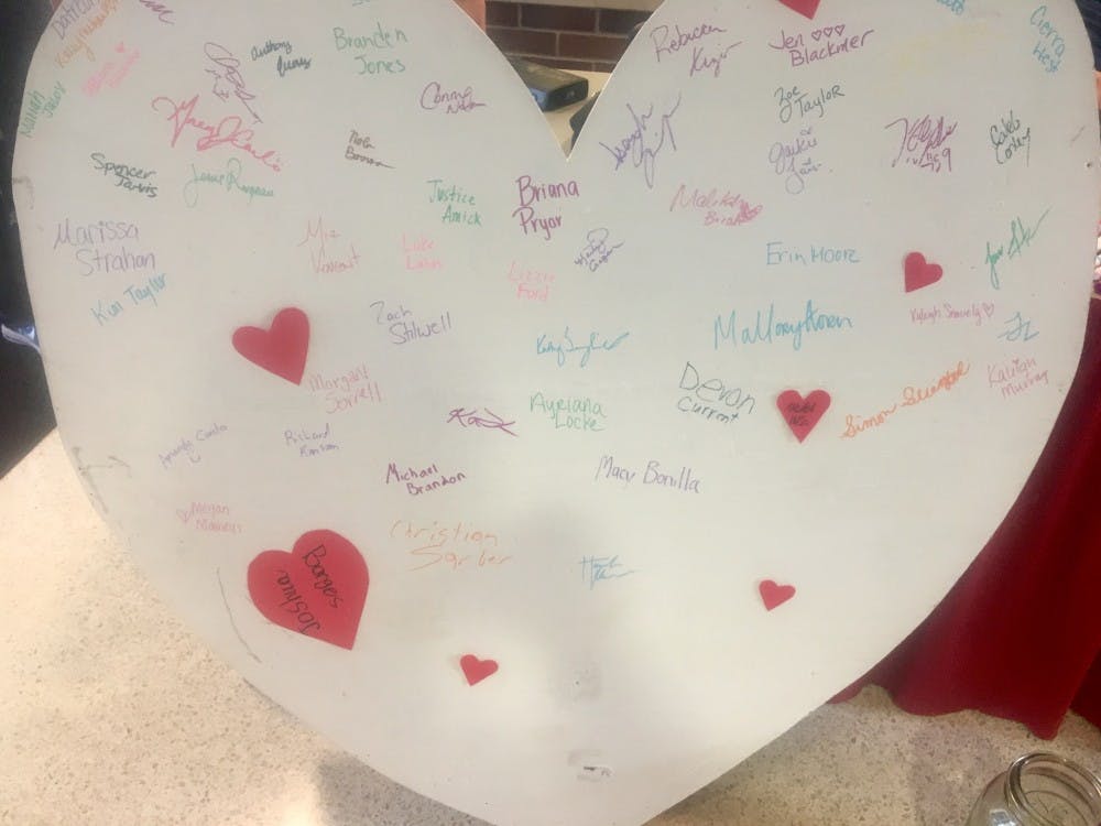 Ball State students signed a heart to show their support for victims of Hurricane Harvey. Jake Thomas News 397