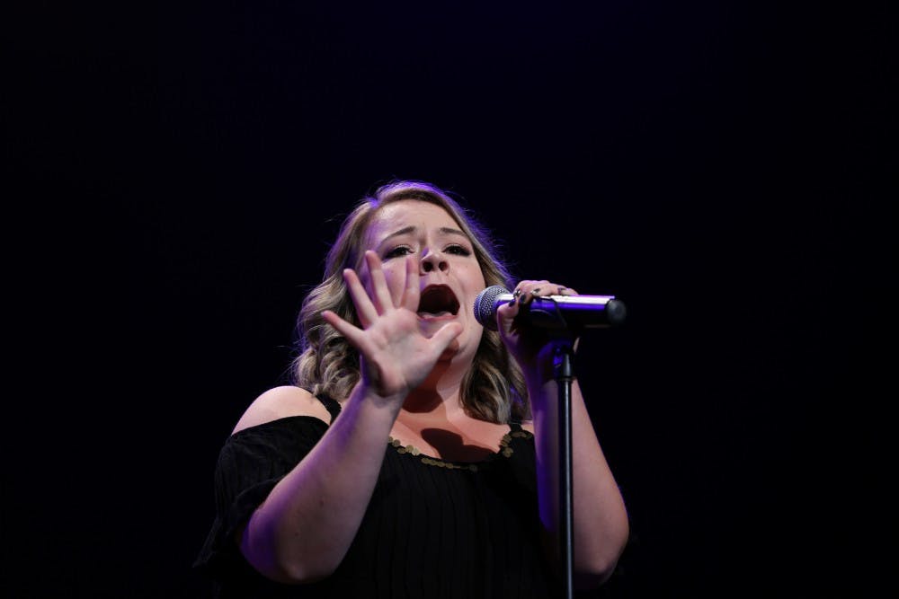 Paige Matteson sings "Gravity" by Sara Bareilles during the 33rd annual Talent Search in John R. Emens Auditorium on Tuesday, Oct. 17, 2017. Matteson won the female vocal and overall categories and received $1,000 in scholarship money. Mary Freda, DN