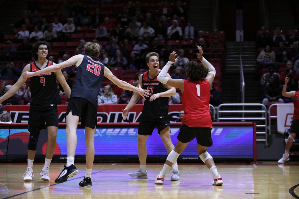 Ball State men's volleyball celebrates scoring a point against UC San Diego Jan. 11 at Worthen Arena. The Cardinals won 3-0 against the Tritons. Mya Cataline, DN 