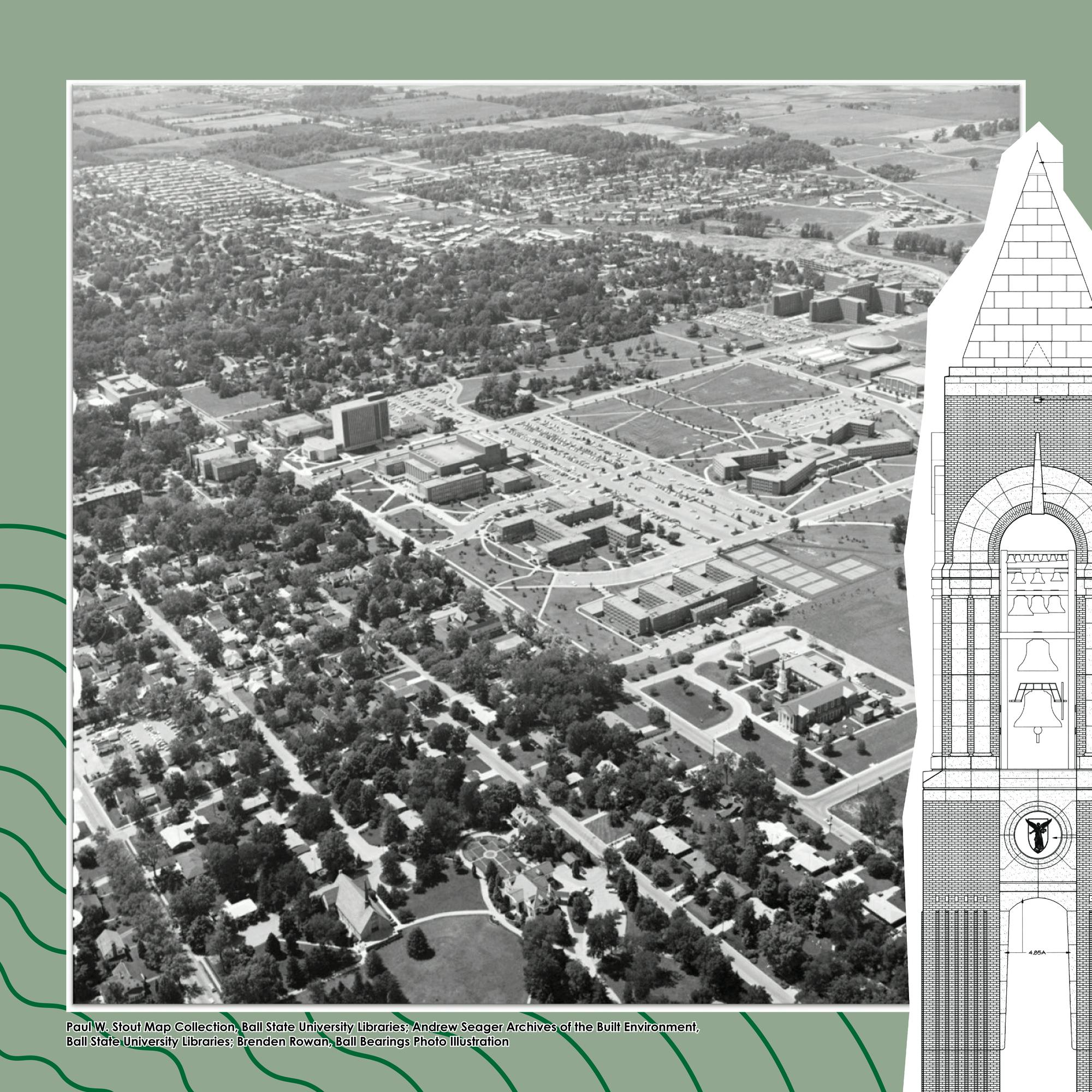 Paul W. Stout Map Collection, Ball State University Libraries; Andrew Seager Archives of the Built Environment, Ball State University Libraries; Brenden Rowan, Ball Bearings Photo Illustration